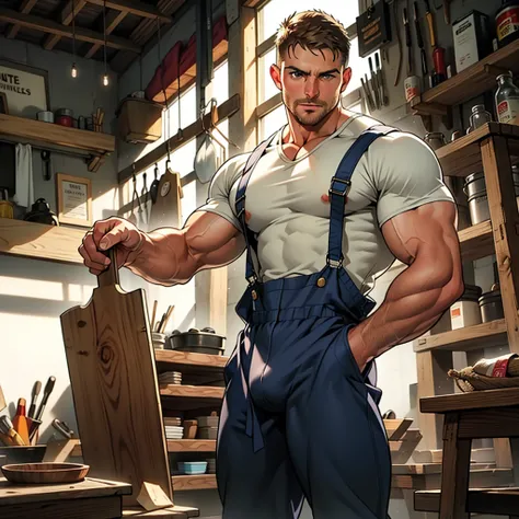 masterpiece, best quality, face, natural eyes, 1man, macho man,, muscled and mature, stephen amell as a carpenter wearing totally unbuttoned overall, sweating, tight cloth showing his muscles and bulge , full body , background wood workshop , woodwork of c...