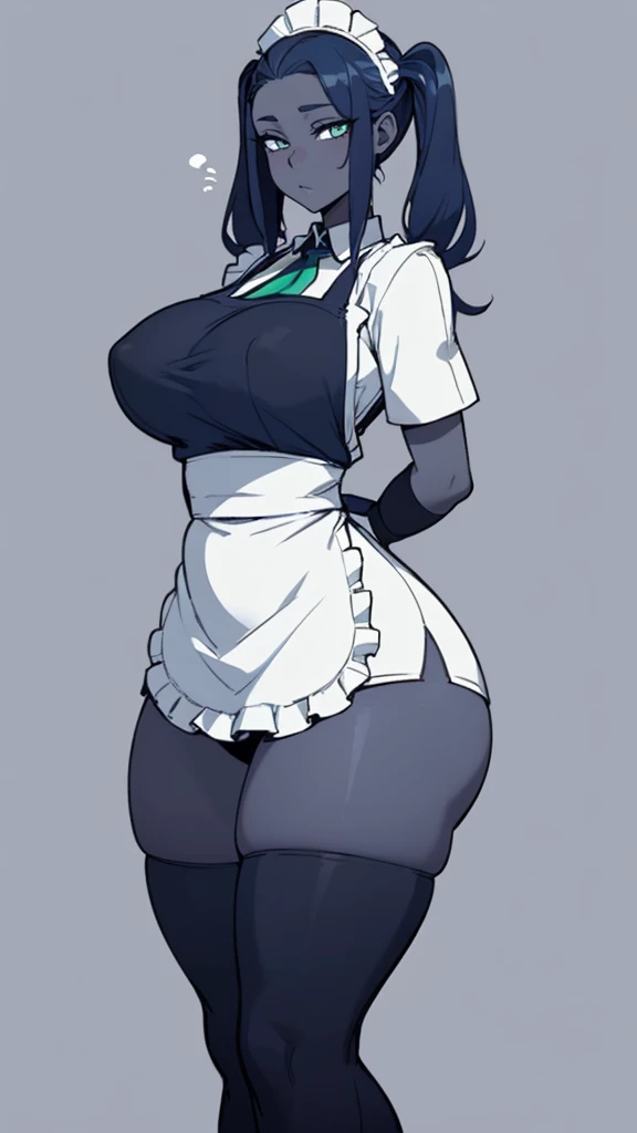 NSFW, ((black grey skin Drow)), (gigantic ass), firm ass , tall girl, slim waist, curvy figure, arms behind back, (((dark_blue_hair))), green_eyes, long_pigtails, ((apron))