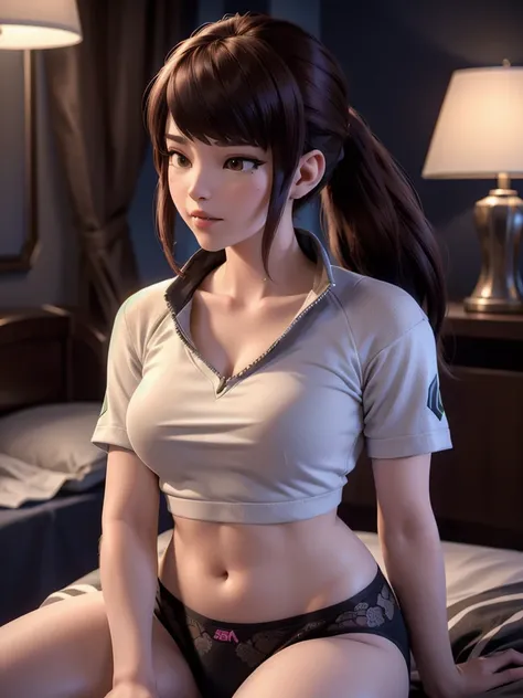 (DVA from Overwatch) without her mech, a woman with short brown hair in a (ponytail),she sits on her bed with her legs spread, high quality refelctions, volumetric lighting, she is wearing a loose short ( ice white cropped t-shirt), very short sleeves, in ...