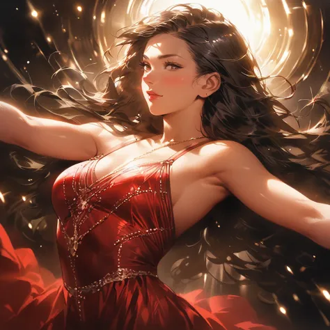 highest quality, masterpiece, Ultra-high resolution, (Realistic: 1.4), RAW Photos, 1 girl, Black Hair, Shiny skin, Dramatic lighting, whole body,, Red dress, huge