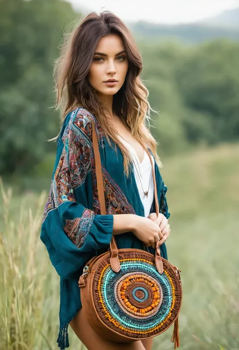 Beautiful attractive woman , boho bag