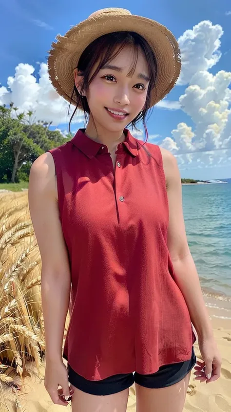 One girl, masterpiece, high quality, High resolution, monkey_d_Luffy, Straw hat, gender swap, (Red Shirt:1.5), (Open shirt:1.5),(Sleeveless shirt:1.5),  Outdoor, Big Breasts, Cleavage, whole body,  null, cloud, Complex background, Warm Light, Shorts Jeans,...