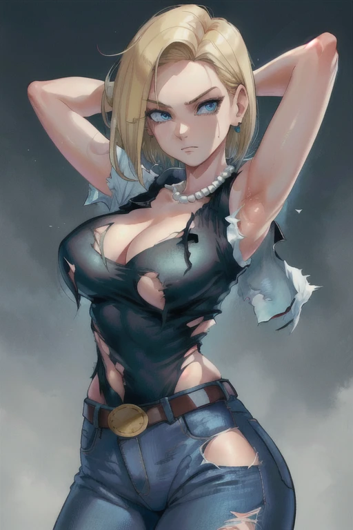 best quality, high definition, and18, 1girl, Android 18, solo, blonde hair, blue eyes, belt, jeans, pearl_necklace, bracelet, black gloves, cleavage, white shirt, short hair, short sleeves, earrings, blue pants, open vest, black vest, big breasts, wide hip...