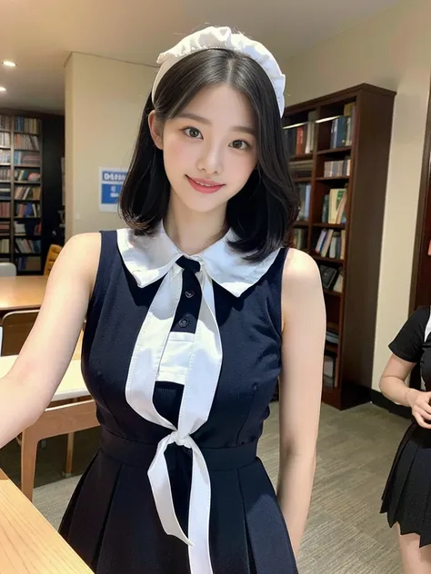 (Super cute Korean high school girl looks into the camera:1.2)(grin,Smile)(Beautiful Sweat:1.1)(16k, RAW Photos, highest quality, masterpiece: 1.2),(Beautiful short bob hair with even bangs, black hair) Super detailed, Super Resolution, (Genuine, Genuine p...