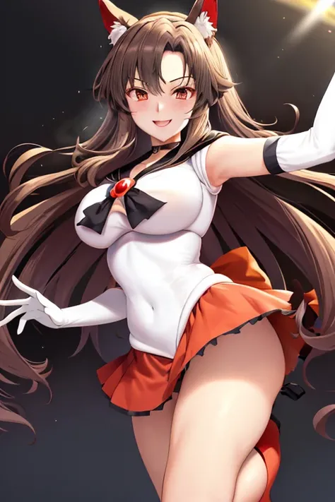 masterpiece, high definition, best quality, rendered art, well formed hands, fingers and body, 1 woman, solo, Imaizumi Kagerou, wolf ears and wolf tail, adult, grown up, wearing Sailor Moons outfit, big breasted, cleavage, full body, sexy sailor senshi uni...