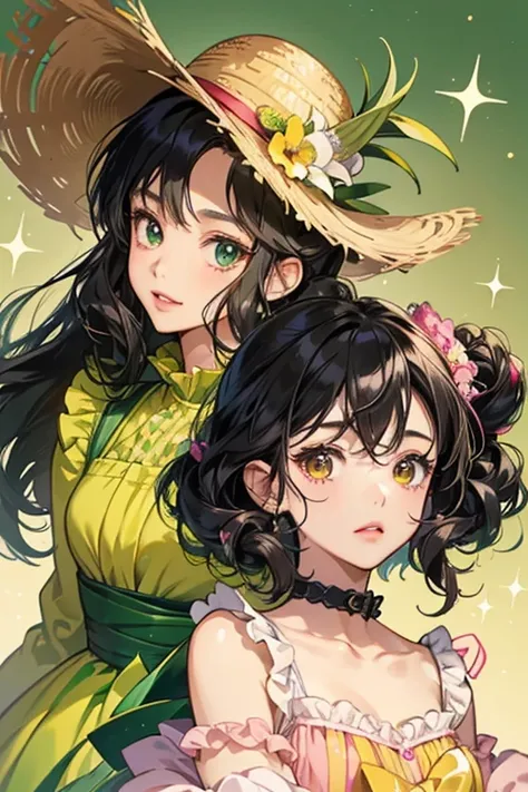 Tokonatchi has brown skin, round eyes (with dark green irises in the anime), pink lips, and two curls of black hair on each side of her head. She wears a yellow dress with a frilly yellow-green collar that seems to resemble a pineapple, and a hat that rese...