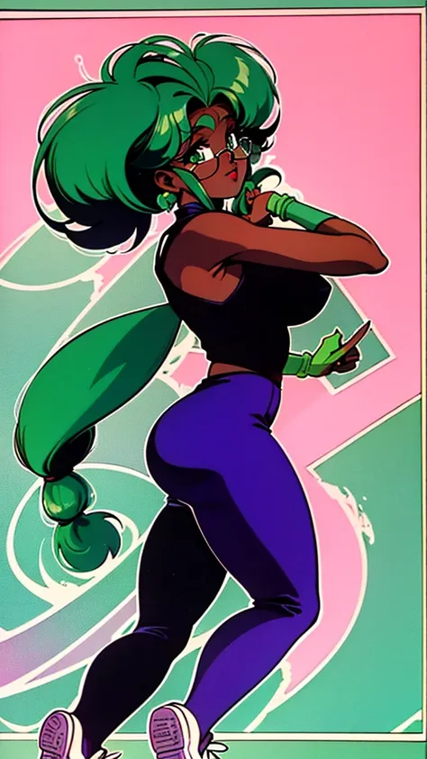 1990s (style), 1980s (style), retro artstyle,1 person、Lady, Black skin、Green Eyes, Long Hair、Three-stranded、Pigtails、Forehead、Green Hair、intellectual、Glasses、Jumpsuit、sneakers、Big ass through clothes、Big breasts through clothes