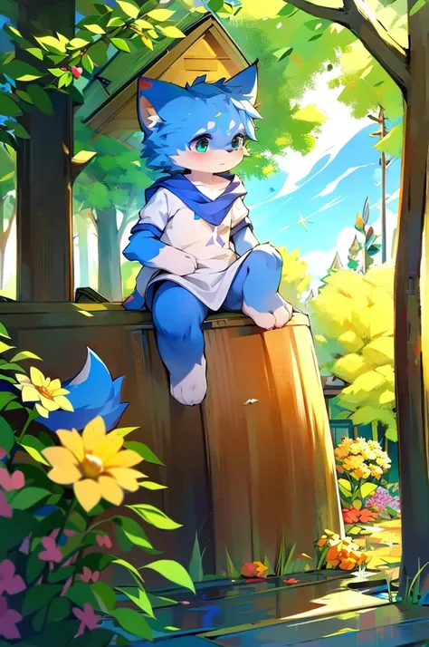 Blue fur，boy，Tall，university student，cute，Stand on your feet，I have flowers，4K ultra-vivid，high resolution，　　Precise detailing,