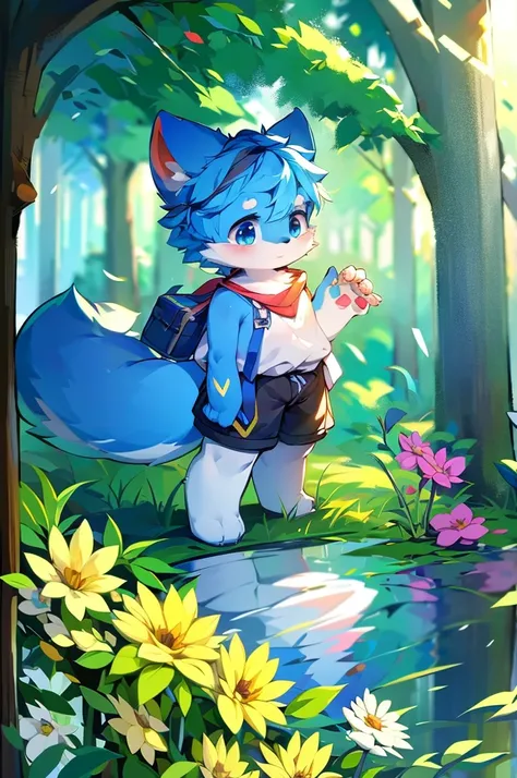 Blue fur，boy，Tall，university student，cute，Stand on your feet，I have flowers，4K ultra-vivid，high resolution，　　Precise detailing,