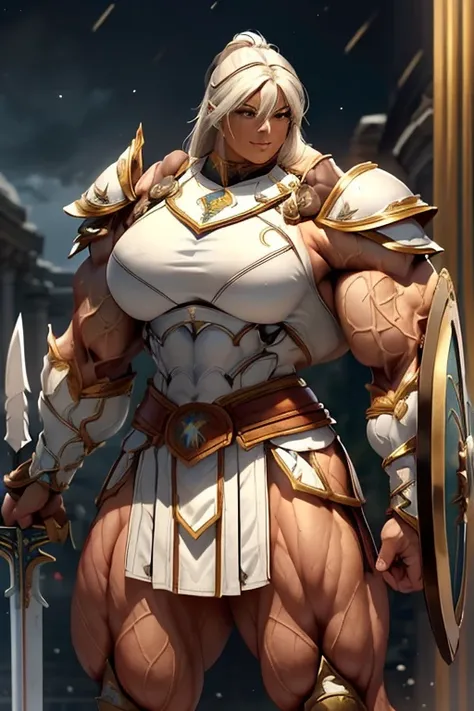 ((((Massive, tall, beautiful, buff, muscular brown skinned female spartan with white hair, ginormous bulky muscles, holding a sword and shield and wearing an all white gleaming spartan armor and pleated skirt)))), (close view), black eyeliner, massive musc...