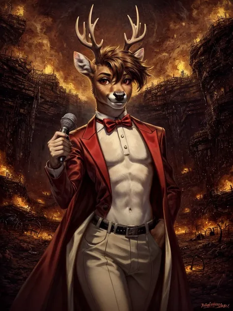 (masterpiece, best quality:1.3), androgynous deer, male, face focus, thin body, thin waist, large shoulders, red suit, bow tie, red color scheme, hell, demon, radios, 1930s, 1930s style, 1930s style outfit, holding a red old microphone, (smile), (large smi...