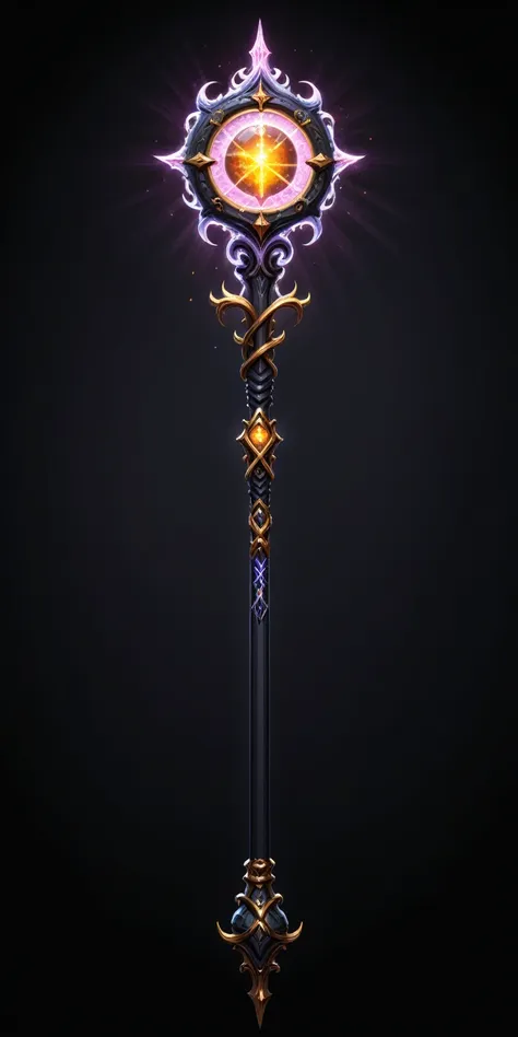 pixel art, cartoon illustration, divine glavie greatstaff, powerfull magical theme, simple black background, rpg game icon