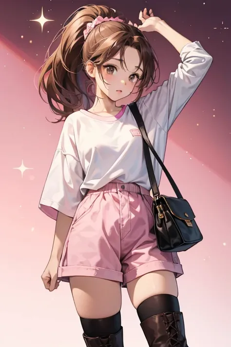 Tomomi has brown hair with a pink scrunchie tied to make a ponytail. She has a white T-shirt over a black sweater, with a pink bow and two yellow stars on the front. She also wears brown high heeled boots and blue shorts, and she has dark brown eyes. Her b...