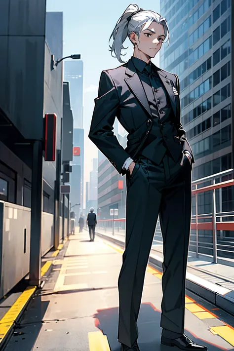 1male, grey hair, black eyes, ponytail, colored suit, pantsuit, funny, city background, detailed background, hands to side, standing on path