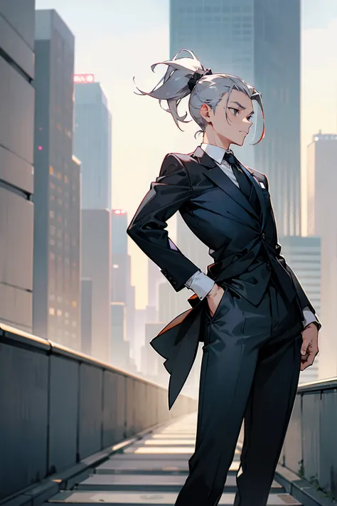 1male, grey hair, black eyes, ponytail, colored suit, pantsuit, funny, city background, detailed background, hands to side, standing on path