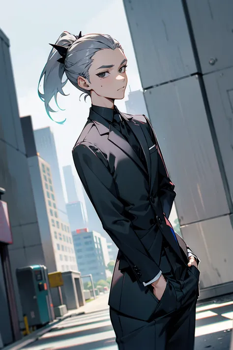 1male, grey hair, black eyes, ponytail, colored suit, pantsuit, funny, city background, detailed background, hands to side, standing on path