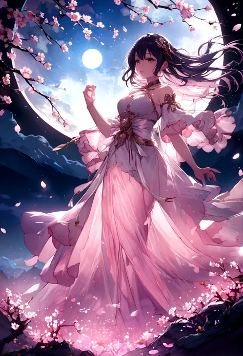 Deep in the mountains、Cherry Blossoms at Night、Dancing cherry blossom petals、Illuminated by the moonlight、Big full moon、Fantasy、mysterious、