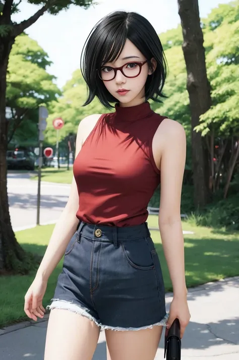 anime girl with red glasses and a red top walking down a sidewalk, range murata and artgerm, realistic anime artstyle, detailed anime character art, semirealistic anime style, realistic anime art style, realistic anime 3 d style, anime style character, hig...