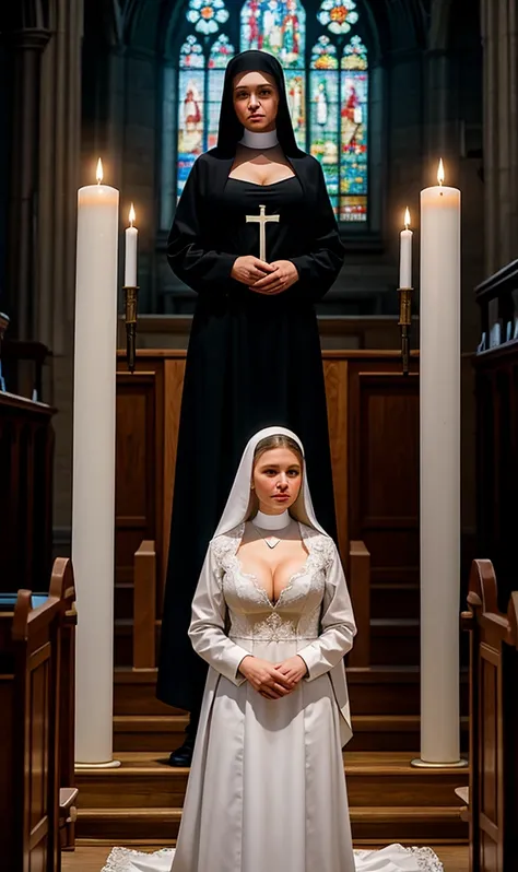 Ultra detailed photo of a ultra sexual incredibly gorgeous Ukrainian 32 year old sexy angelic supermodel mother nun bride dressed as nun in a gothic cathedral,((standing next to an altar boy)), mystical lights, backlit, ((very detailed faces)), focus on fa...