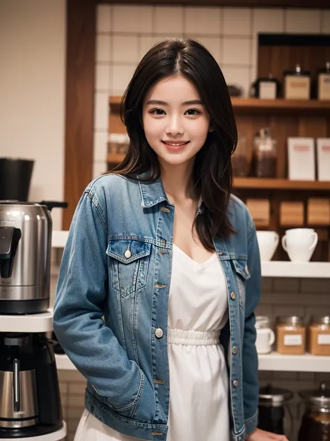 muste piece、High resolution、The coffee shop of the future、A woman brewing delicious coffee、２５old girl、１Girl shop assistant、looking at the camera、smile、The result is exactly as pictured、Coffee and beauty、White and beautiful skin、Use denim jacket