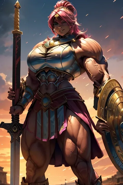 ((((Massive, tall, beautiful, buff, muscular brown skinned female spartan with shocking pink hair, ginormous bulky muscles, holding a sword and shield and wearing an all pink gleaming spartan armor and pleated skirt)))), (close view), black eyeliner, massi...