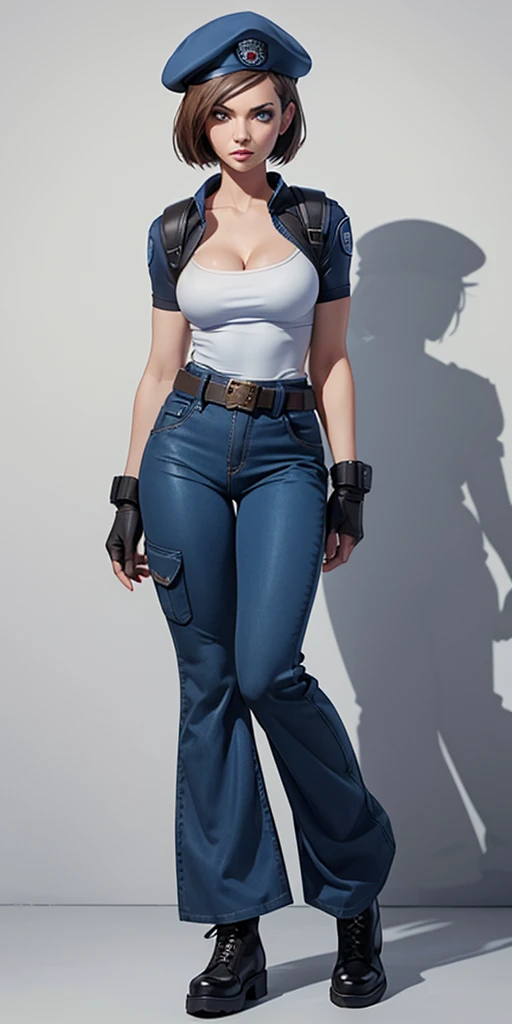 jill valentine, masterpiece, best quality, 1girl, solo, standing, jillre1, beret, uniform, shoulder pads, short sleeves, harness...