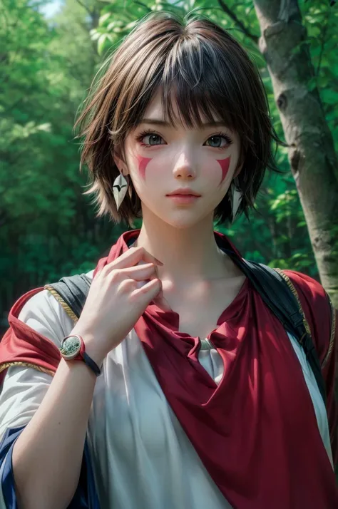 Paint your face、Anime girl in a red cloak posing in the forest, Portraiture!!! Princess Mononoke style, Studio Ghibli Wind Mononoke, Inspired by Princess Mononoke, Anime Realism style, Gweiz-style artwork, Anime Style. 8k, Realistic Anime 3D Style, Realist...