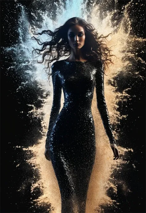 Digital painting of the full-length silhouette of a beautiful, beautiful and unique French model, perfect face, dark brown eyes and long cascading hair. Around it an eruption of transparent, clear and bright water particles occurs that spread into the void...