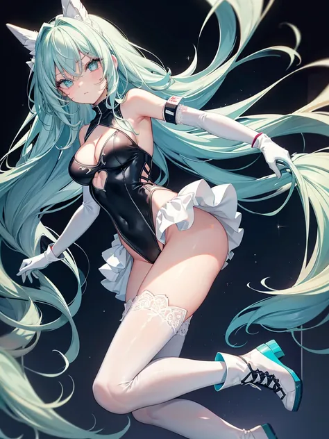 ,race_queen,teenager,glamor,long hair,straight_hair,aqua eyes,ahegao,bright_pupils,medium breasts,cleavage,slender_waist,athletic_leotard,cutoffs,white_bodystocking,layered,lace,frilled,ass_cutout,ankle_boots,elbow_gloves,