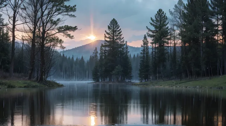 A close-up near the ground of a treeless meadow, with lots of rain falling on the surface of the water, which is like a mirror with nothing placed on it, and it has been raining for a long time, all wet from the rain, (Photographic, Best Quality, High Qual...