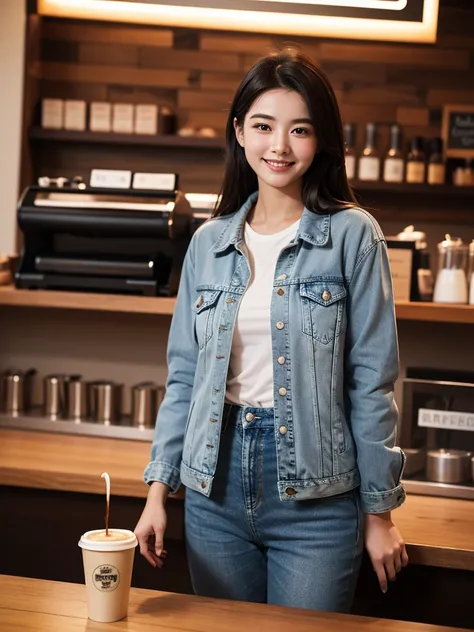 muste piece、High resolution、The coffee shop of the future、A woman brewing delicious coffee、２５old girl、１Girl shop assistant、looking at the camera、smile、The result is exactly as pictured、Coffee and beauty、White and beautiful skin、Use denim jacket