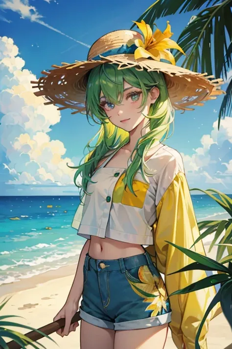 Tourcontchi has yellow skin, bushy green hair, blue irises, and a pale yellow beak. sHe wears a tropical flower shit, tan shorts, and a straw hat with a flag on top. Her flag and shirt are usually red, but may change color based on the location hes at. SPA...