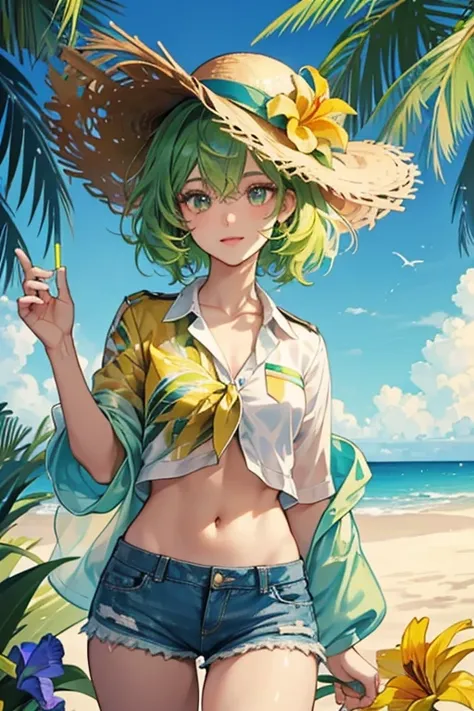 Tourcontchi has yellow skin, bushy green hair, blue irises, and a pale yellow beak. sHe wears a tropical flower shit, tan shorts, and a straw hat with a flag on top. Her flag and shirt are usually red, but may change color based on the location hes at. SPA...