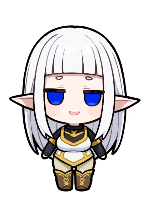 {{{kame (kamepan44231), no humans, chibi, jitome, fumo (doll)}}}, full body, 1 woman, solo, mature female, elf elegant, princess, pointy ears, blue eyes, long hair, straight hair, white hair, blunt bangs, lips, large breasts, happy, white tabard, gold trim...