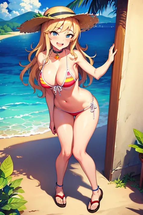 (detailed skin:1.2), (shiny skin:1.4), 8k, best quality, masterpiece, (soft saturation:1.3), (fair skin:1.2), BREAK, 1girl, gyaru, ohtsuki yui, makeup, large breasts, BREAK, short pants bikini, sun hat, choker, sandals, tropical beach, standing, open mouth...