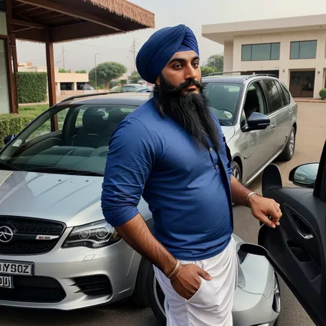 Sikh Man how have beard and behind he have a long car in his hand a lot of money  and he is looking to trading charts