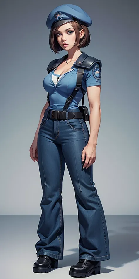 Jill Valentine, masterpiece, best quality, 1girl, solo, standing, jillre1, beret, uniform, shoulder pads, short sleeves, harness, belt, bell-bottom blue pants(Wide flares on pants:1.2), cleavage, black combat boots, full body, perfect blue eyes, perfect re...