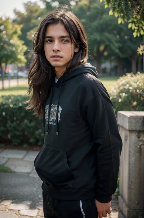 (8k, RAW photo, best quality, masterpiece:1.2), (realistic, photo-realistic:1.37), ultra-detailed, masterpiece HDR high quality Picture a young boy, 17 years old, handsome man, long black messy hair to his shoulder, sharp eyes, blue hoodie, joging on at th...