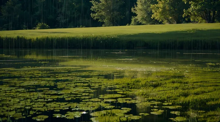 A close-up near the ground of a deep green meadow, wet with rain, with lots of rain falling on the surface of the water like a mirror on which nothing is placed, and it has been raining for a long time, (Photographic, Best Quality, High Quality, Highres:1....