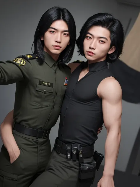 Two Asian boys, mirada peneteante, cabello corto, facciones finas, ligeramente musculosos, portando armas con un uniforme militar corlor negro, estilo selfie, enfoque desde su cabeza hasta la mitad de su torso.