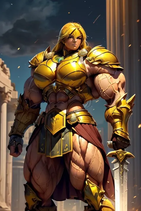 ((((Massive, tall, beautiful, buff, muscular brown skinned female spartan with yellow hair, ginormous bulky muscles, holding a sword and shield and wearing an all yellow gleaming spartan armor and pleated skirt)))), (close view), black eyeliner, massive mu...