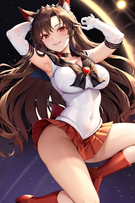 masterpiece, high definition, best quality, rendered art, well formed hands, fingers and body, 1 woman, solo, Imaizumi Kagerou, wolf ears and wolf tail, adult, grown up, wearing Sailor Moons outfit, big breasted, cleavage, full body, sexy sailor senshi uni...