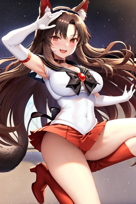 masterpiece, high definition, best quality, rendered art, well formed hands, fingers and body, 1 woman, solo, Imaizumi Kagerou, wolf ears and wolf tail, adult, grown up, wearing Sailor Moons outfit, big breasted, cleavage, full body, sexy sailor senshi uni...