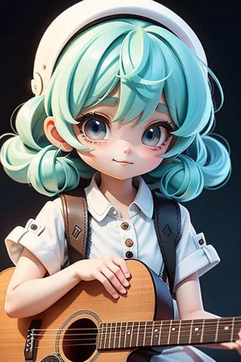 Loli anime girl,expressive eyes, Perfect face, Cute Wuoo face, The character is facing into the distance and singing. A girl with short green hair and M-shaped bangs is tied into two small ponytails.，Wearing a short white dress，A man in a denim jacket is s...