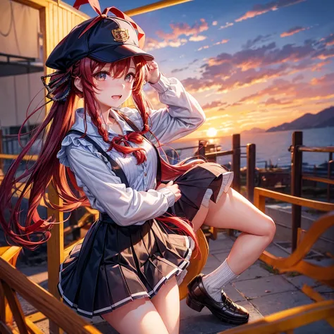 Red Blue Gold Hair、Golden Eyes、Braid、One good looking girl、solo、anime、Checkered mini skirt、Ruffles on the skirt、camisole、cardigan、Black knee-high socks、Wearing a baseball cap、Wearing a ribbon、Ribbon on waist、Tilting face、Teeth are visible、Sunset sky、There&...