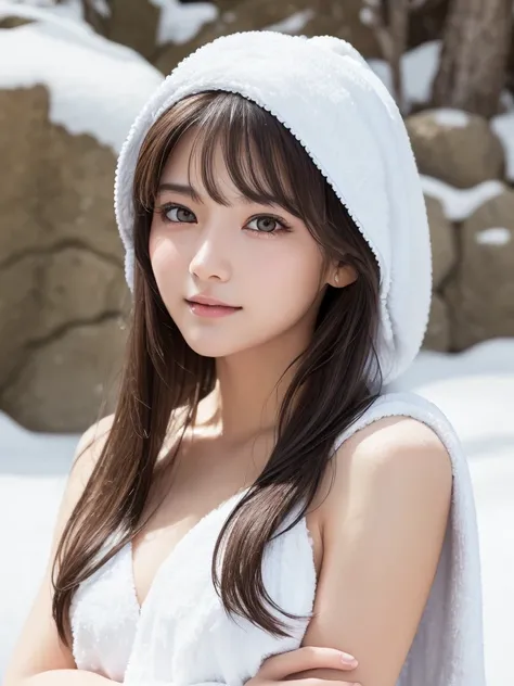 one girl, (a beauty girl, delicate girl:1.3), (24-years-old:1.3),
break, (Wrap a towel around your head:1.3),Cover your chest with your arms、
break, Very fine grain definition, (Symmetrical eyes:1.3),
break, (Hot spring with snowy scenery:1.3),smile:1.1、
b...