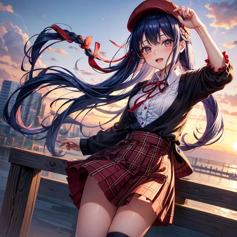 Red Blue Gold Hair、Golden Eyes、Braid、One good looking girl、solo、anime、Checkered mini skirt、Ruffles on the skirt、camisole、cardigan、Black knee-high socks、Wearing a baseball cap、Wearing a ribbon、Ribbon on waist、Tilting face、Teeth are visible、Sunset sky、There&...