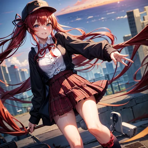 Red Blue Gold Hair、Golden Eyes、Braid、One good looking girl、solo、anime、Checkered mini skirt、Ruffles on the skirt、camisole、cardigan、Black knee-high socks、Wearing a baseball cap、Wearing a ribbon、Ribbon on waist、Tilting face、Teeth are visible、Sunset sky、There&...