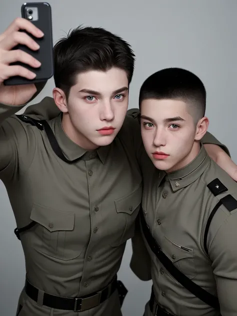 Two American boys, penetrating gaze, short hair, fine features, muscular, carrying weapons in a black military uniform, selfie style, focus from their head to their chest.