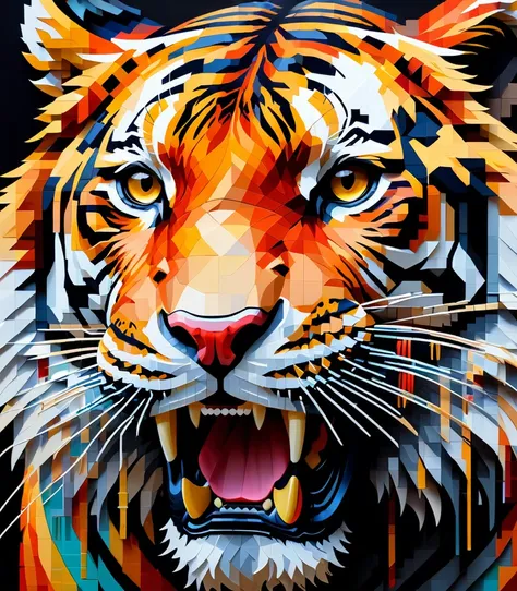 pixel art，thai artist thawan duchanee uses brightly colored brush strokes to create a 3d pixelated portrait of a roaring tiger..